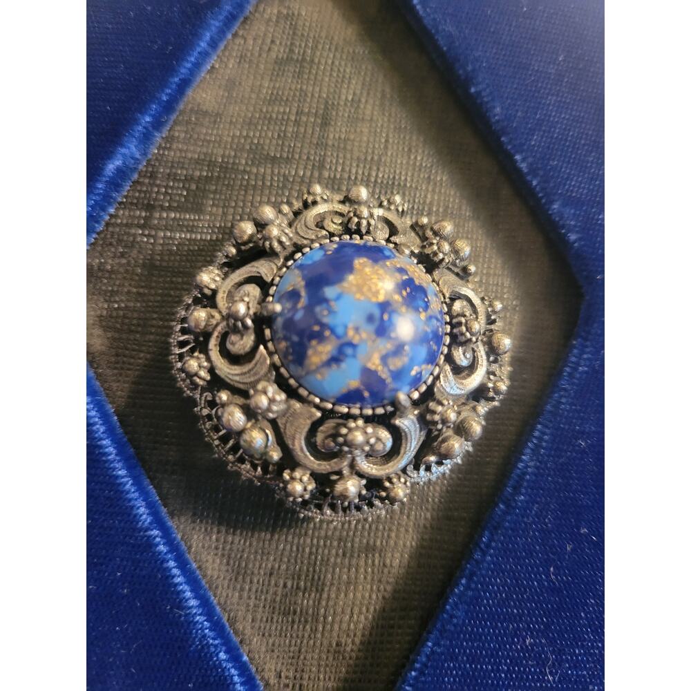 Vintage Florenza signed Brooch Blue swirl on ornate silver tone w/ magnetic back